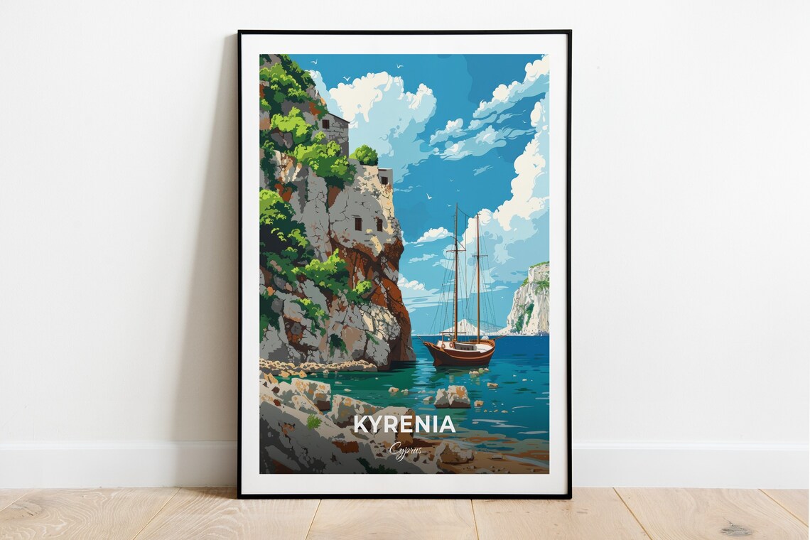 Kyrenia Cyprus Coastal Cliffs Sailing Ship Cove Travel Poster