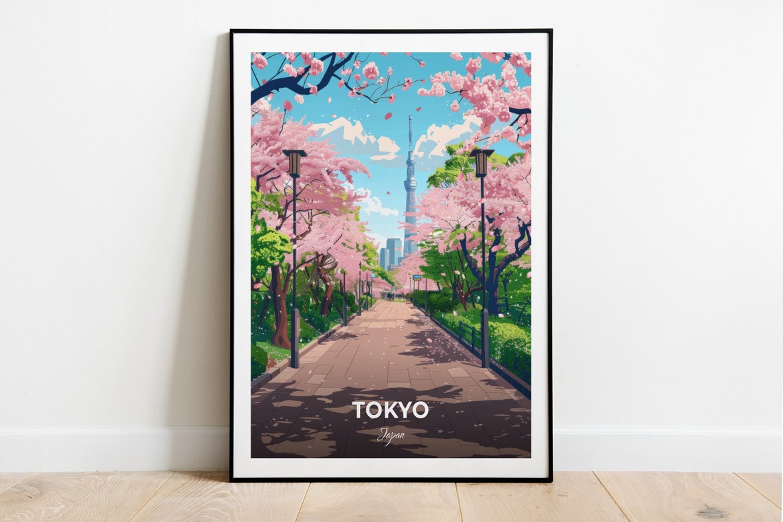Tokyo Ueno Park Cherry Blossom Path Tokyo Tower Spring Travel Poster