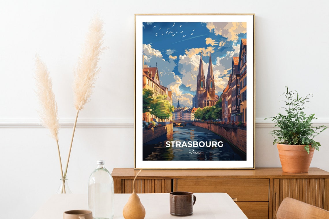 Strasbourg Cathedral Riverside Old Town France Vintage Travel Wall Art - Image 2