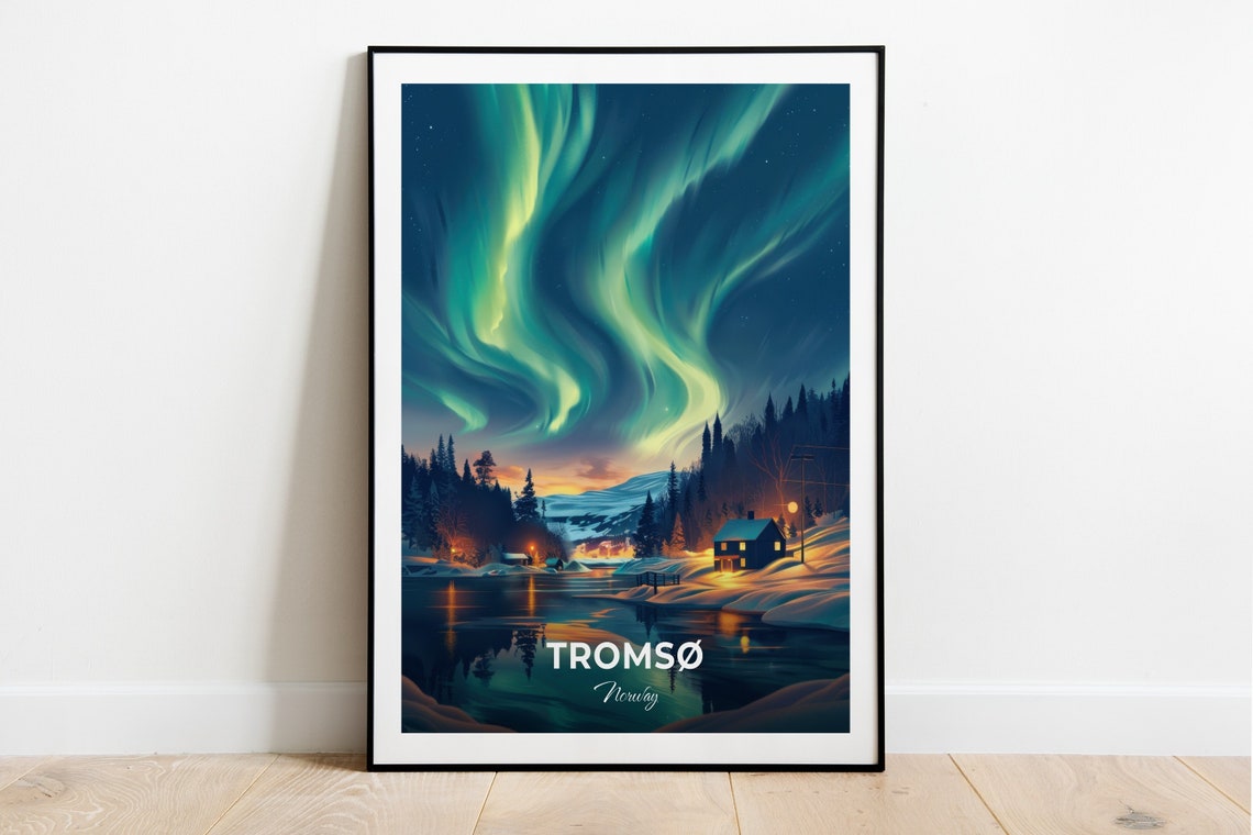 Tromso Norway Northern Lights Aurora Arctic Winter Cabin Travel Poster