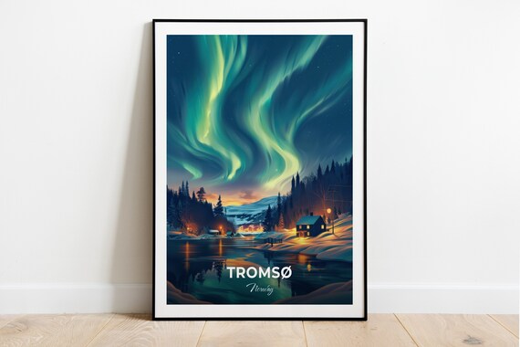 Tromso Norway Northern Lights Aurora Arctic Winter Cabin Travel Poster