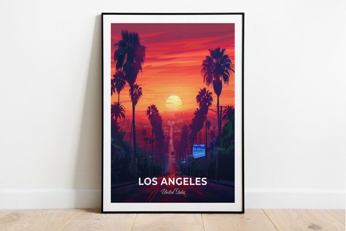 Los Angeles Sunset Boulevard Palms City Lights Dusk Travel Poster
