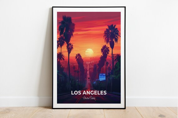 Los Angeles Sunset Boulevard Palms City Lights Dusk Travel Poster