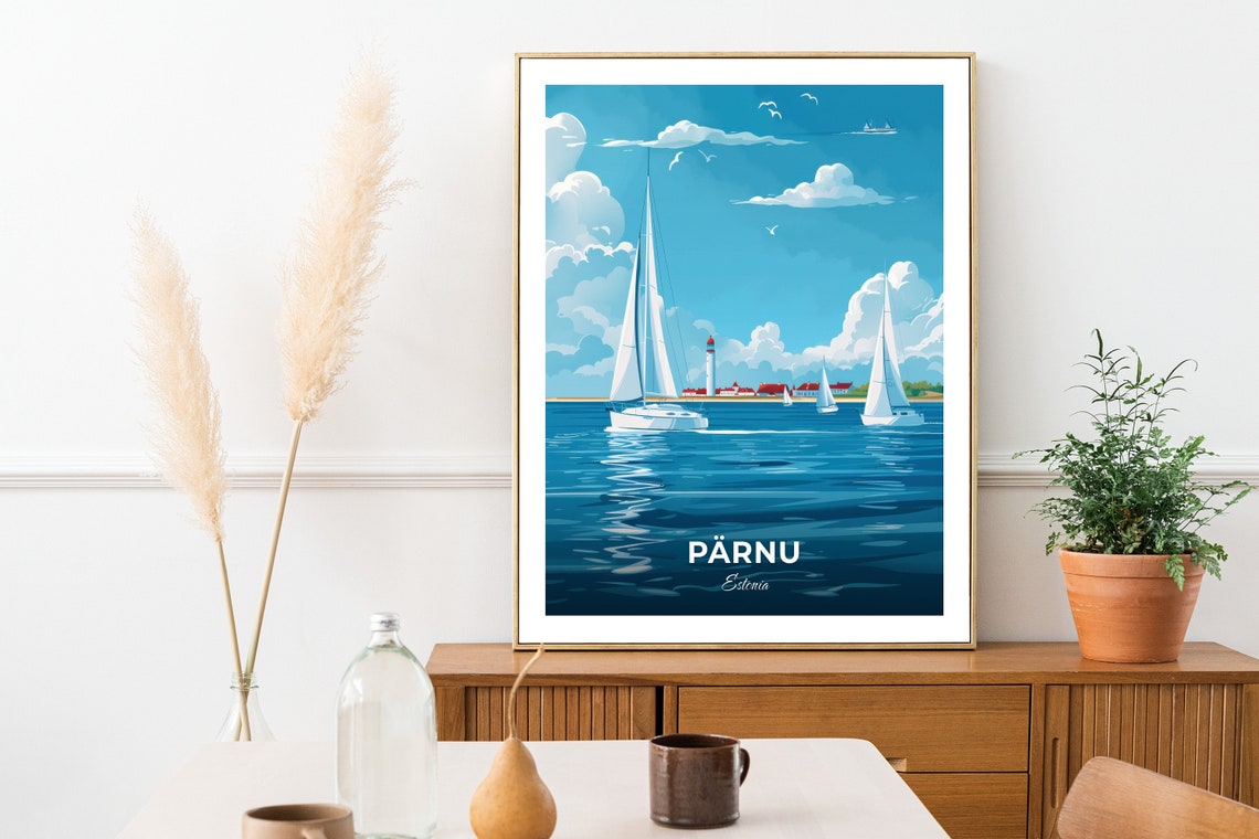 Parnu Estonia Sailboats Lighthouse Sunny Beach Coast Travel Poster - Image 2