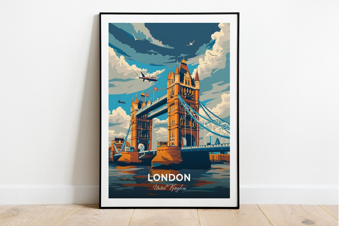 London Tower Bridge River Thames Clouds Skyline Travel Poster