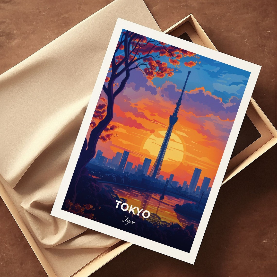 Tokyo Japan Skytree Tower Sunset Silhouette Riverside View Poster - Image 3