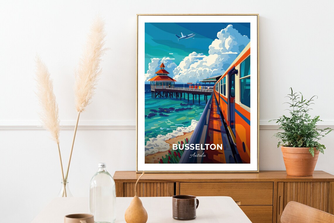 Busselton Australia Jetty Train and Red Roof Pavilion Travel Poster - Image 3