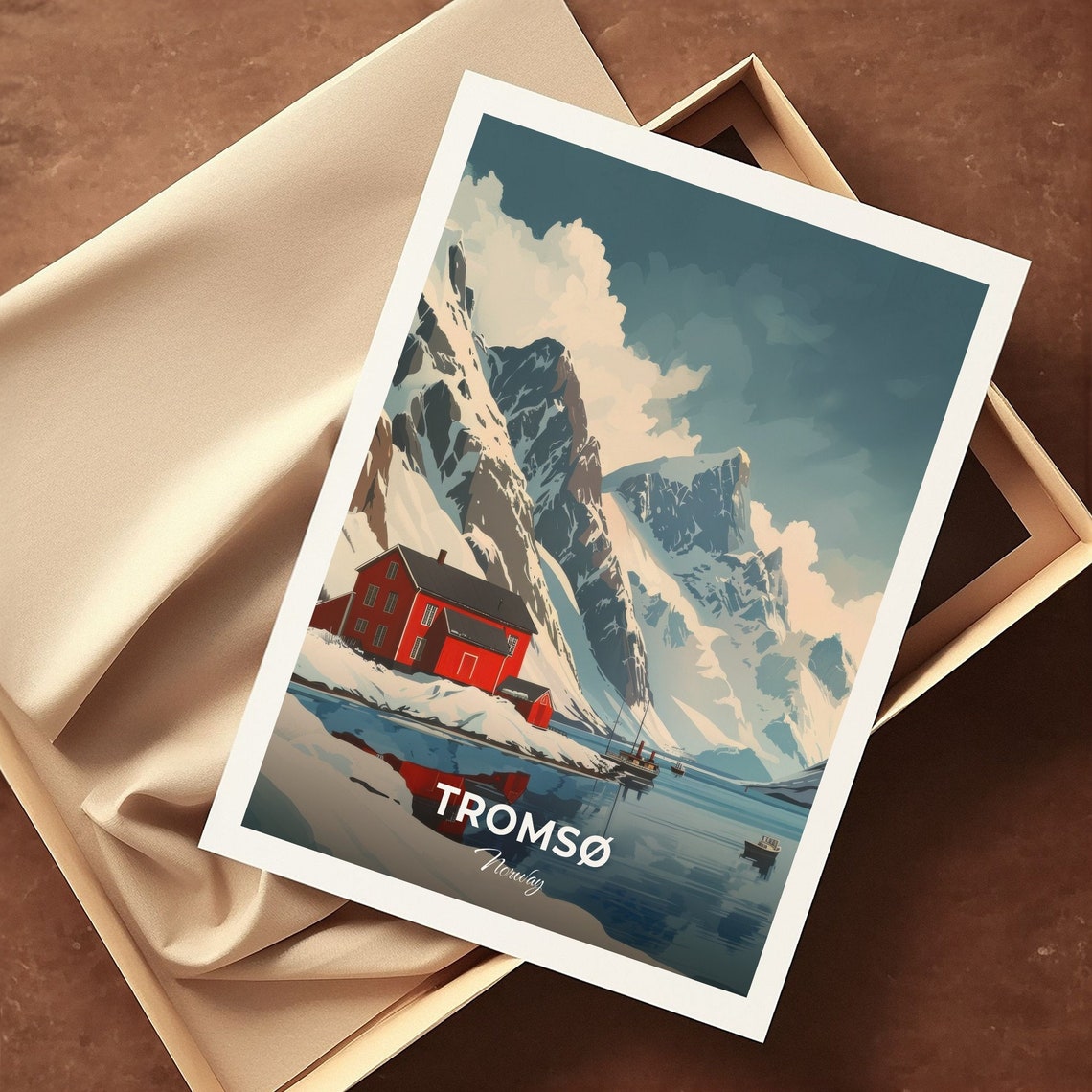 Tromso Norway Red Cabin Fjord Mountain Winter View Travel Poster - Image 3