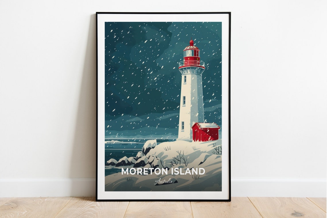 Moreton Island Australia Snowy Lighthouse Night Scene Travel Poster