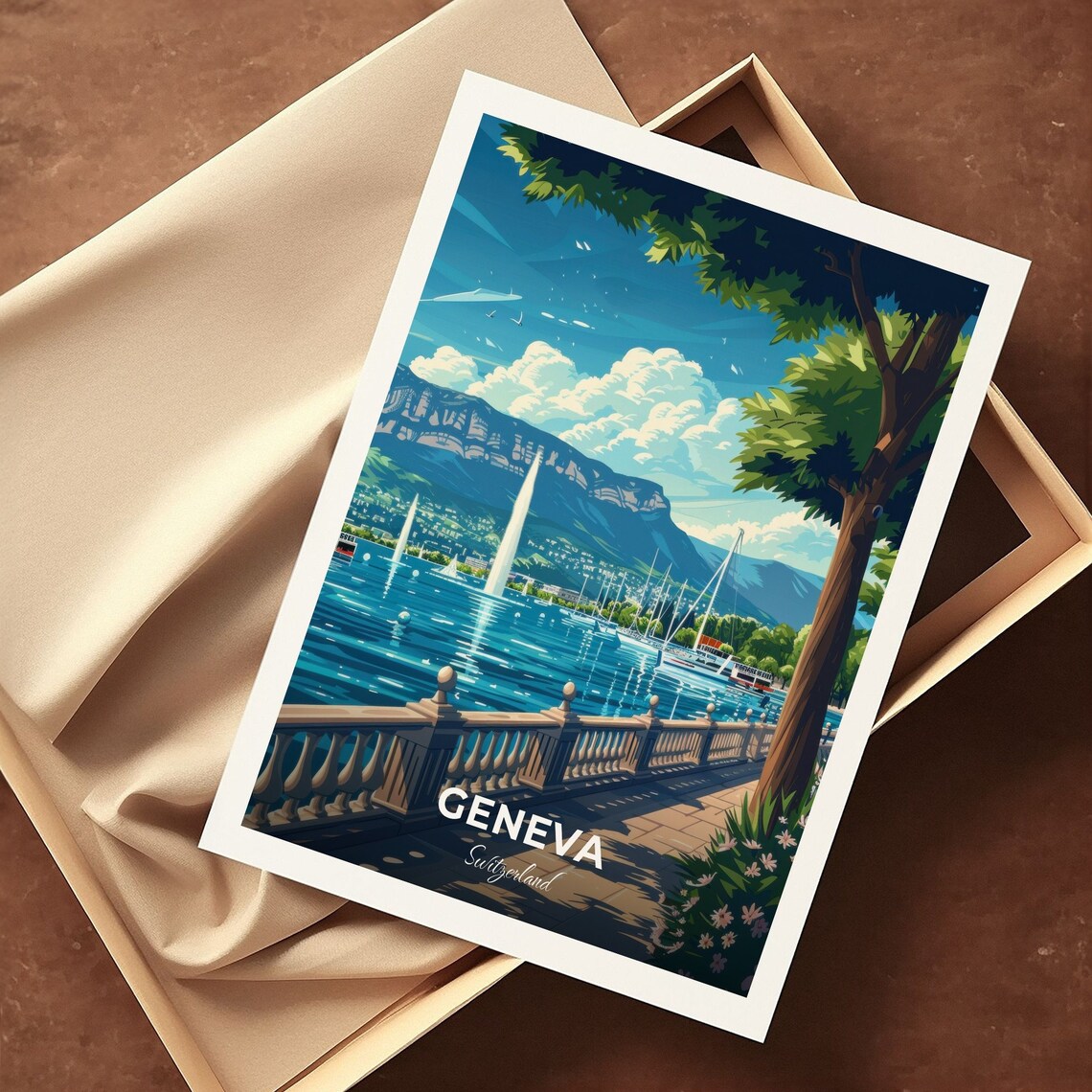 Geneva Jet dEau Fountain Lake Promenade Switzerland Lakeside Travel Poster - Image 3