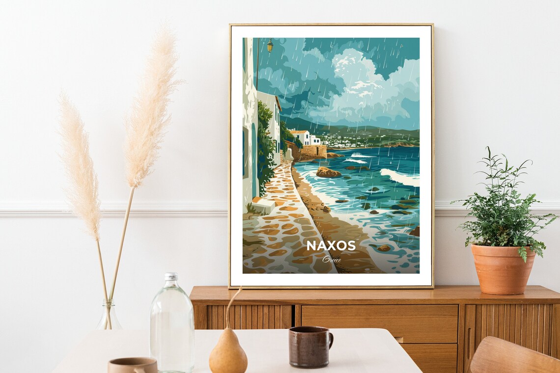 Naxos Greece Rainy Beach Stormy Shoreline Stone Path Travel Poster - Image 2