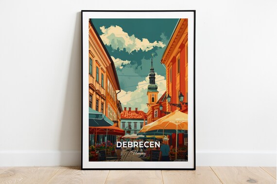 Debrecen Hungary Market Square Umbrella Cafes Church Tower Lively Poster