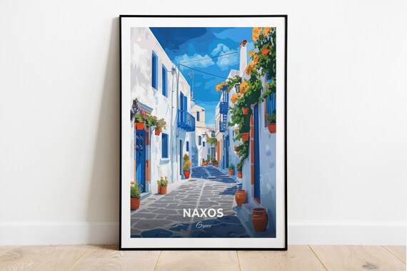 Naxos Old Town Whitewashed Alley Flowers Greece Island Travel Poster