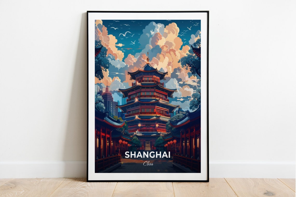 Shanghai Pagoda Temple Glowing Night Skyline Travel Art Poster
