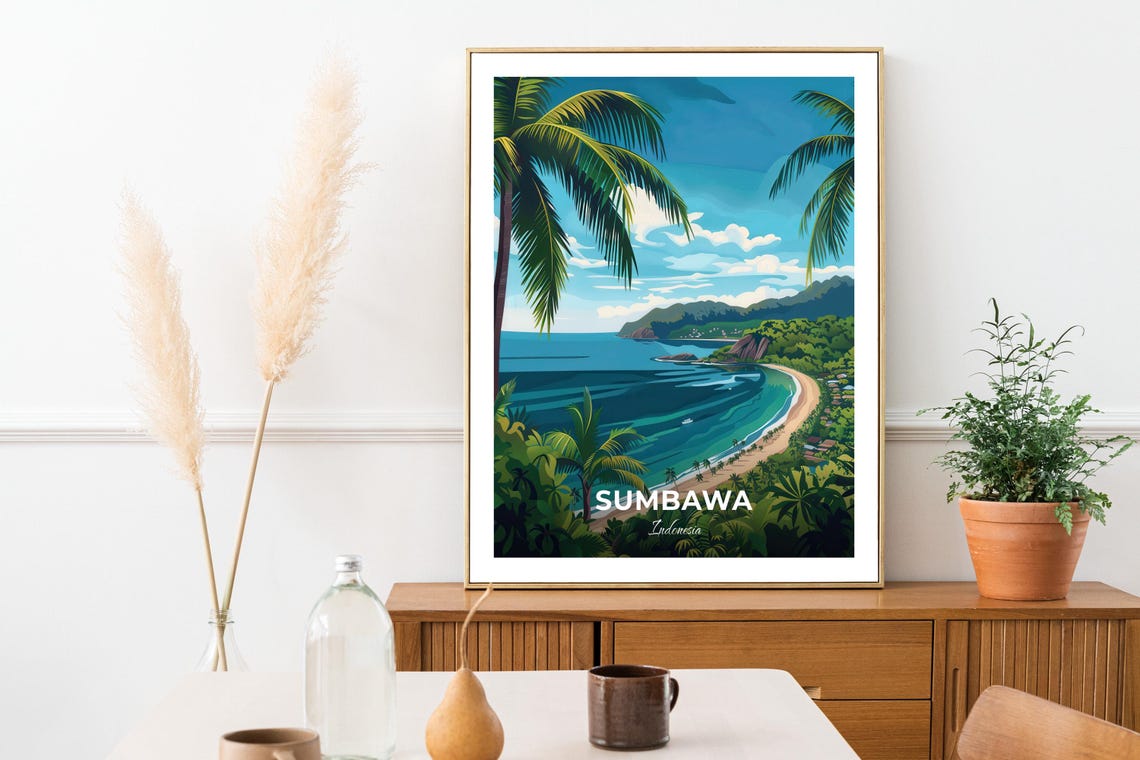 Sumbawa Indonesia Palm Framed Curved Bay Jungle Coast Travel Poster - Image 3
