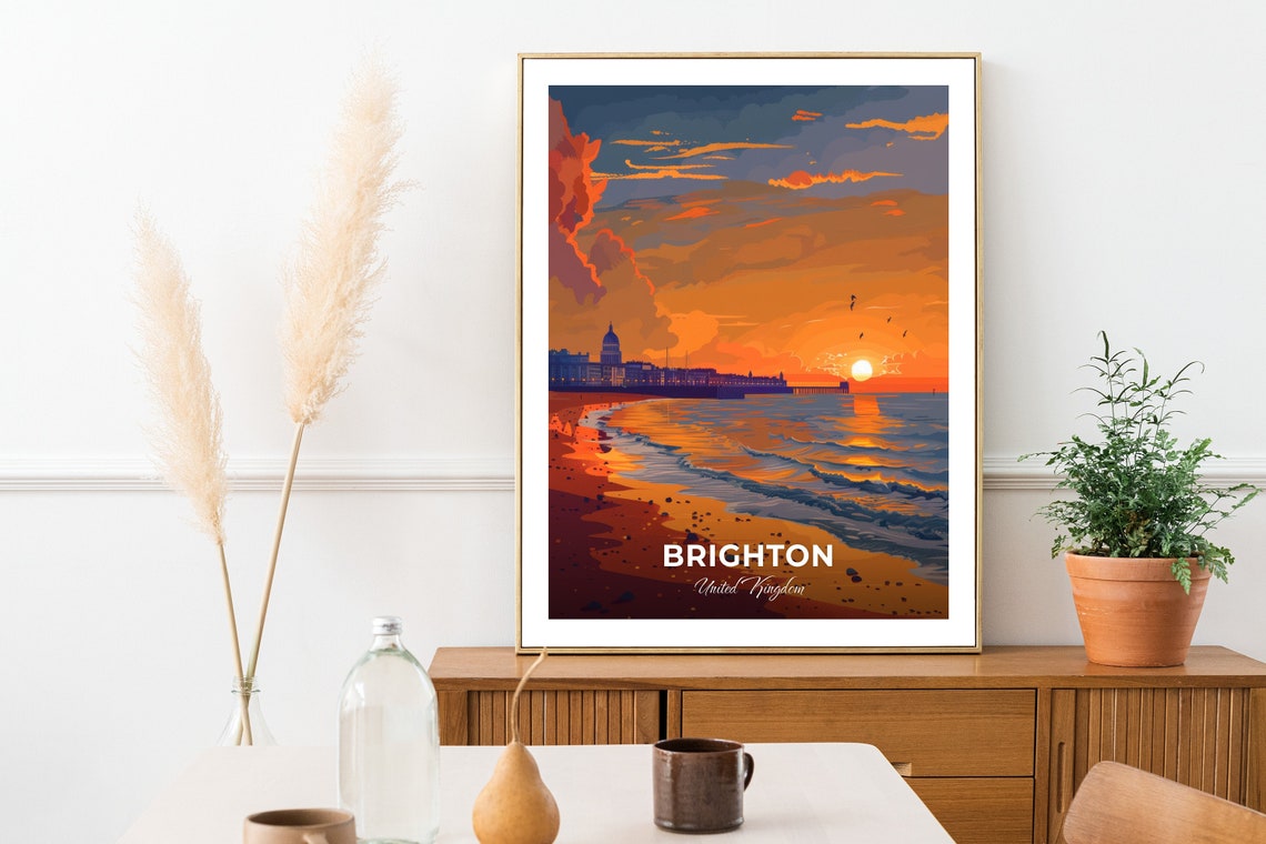 Brighton United Kingdom Beach Sunset Pier Orange Sky Evening Poster - Image 2