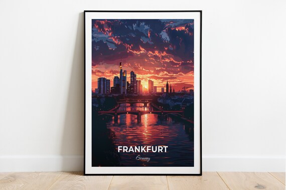 Frankfurt Germany River Main Skyline Crimson Sunset Travel Poster