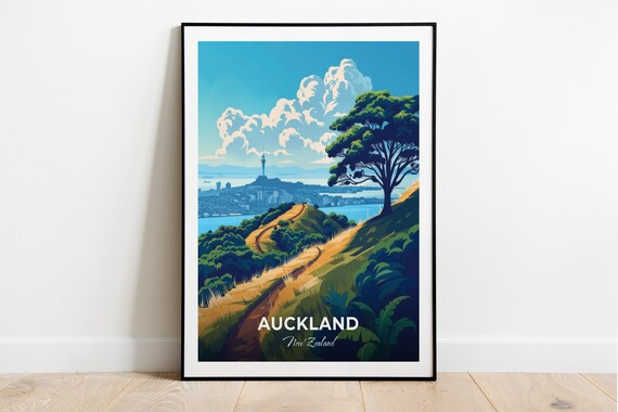 Auckland Mount Eden Tree Skyline Sky Tower New Zealand Travel Poster