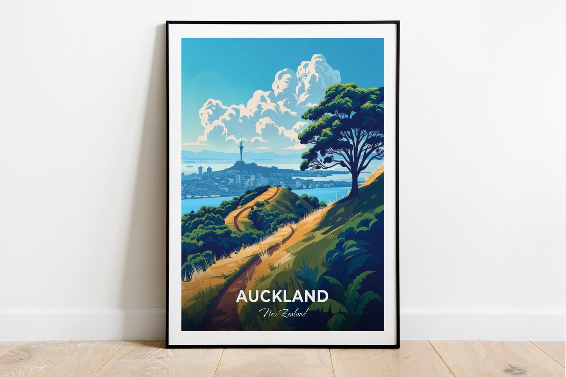 Auckland Mount Eden Tree Skyline Sky Tower New Zealand Travel Poster