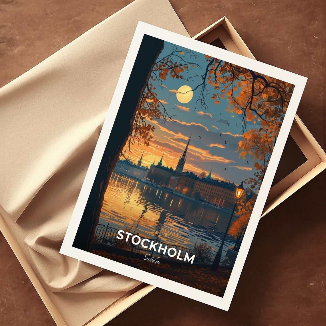 Stockholm Autumn Dusk Moonlit Waterfront City View Travel Poster - Image 3