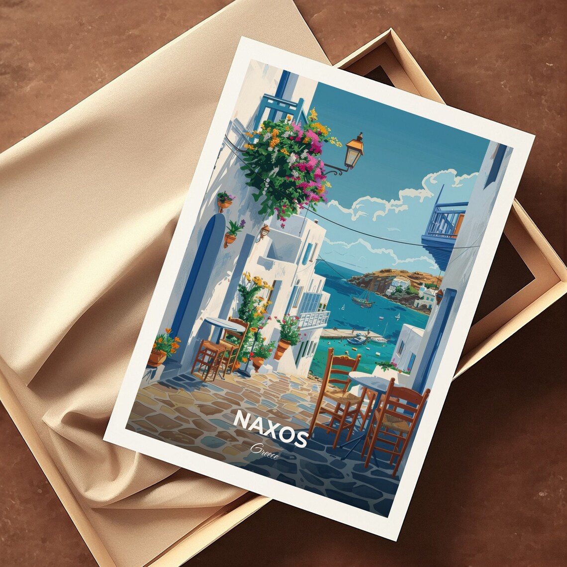 Naxos Greece Old Town Whitewashed Street Bougainvillea Sea Travel Poster - Image 3