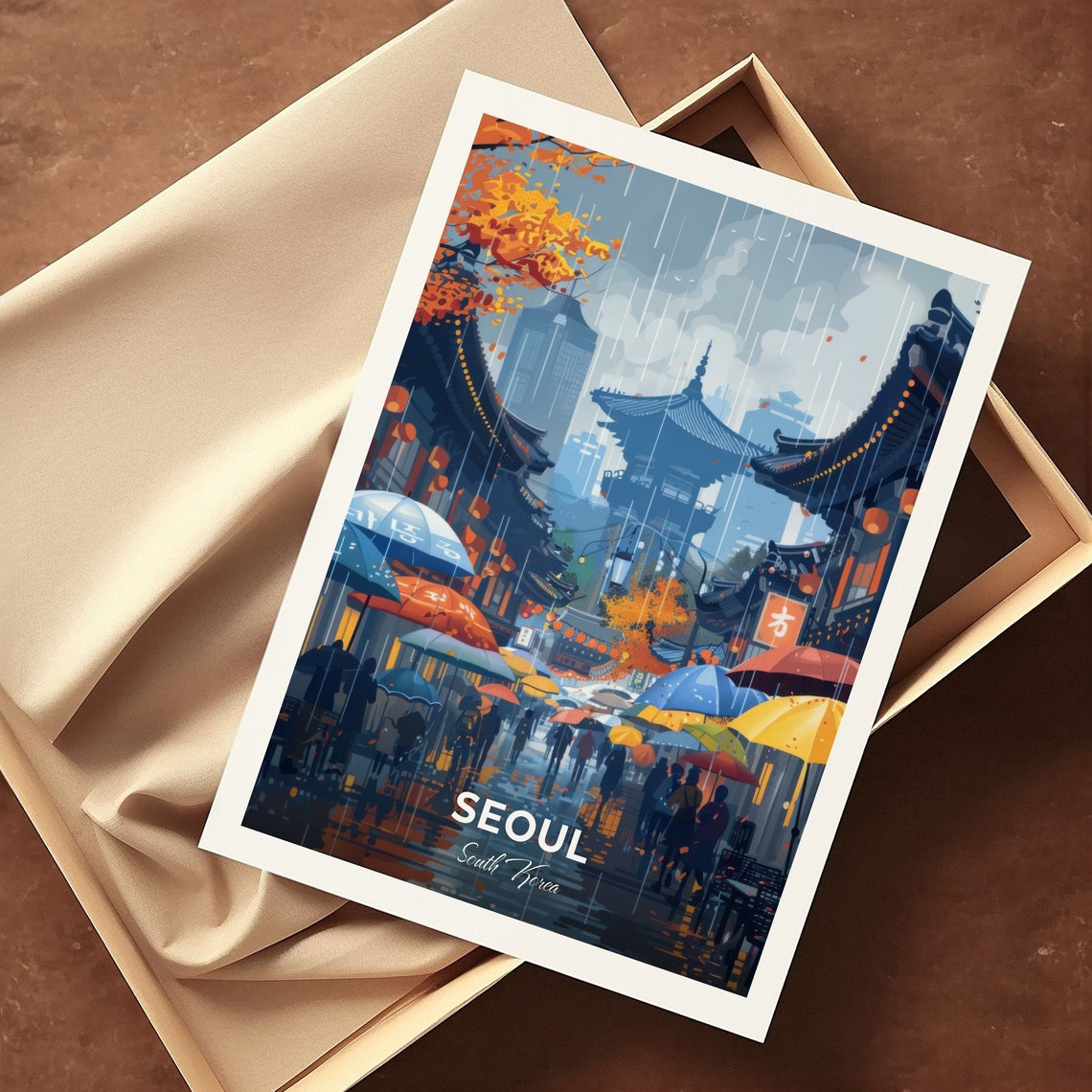 Seoul South Korea Namdaemun Market Rain Umbrellas Autumn Travel Poster - Image 3