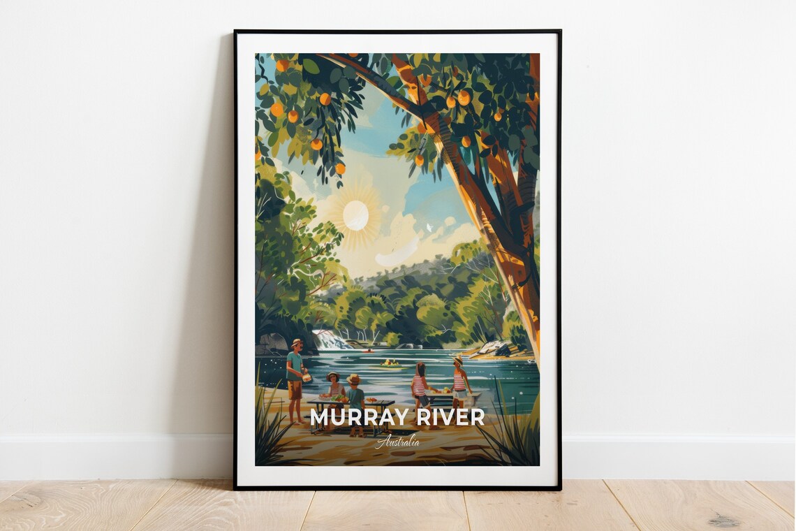 Murray River Australia Family Picnic by the Water Travel Poster