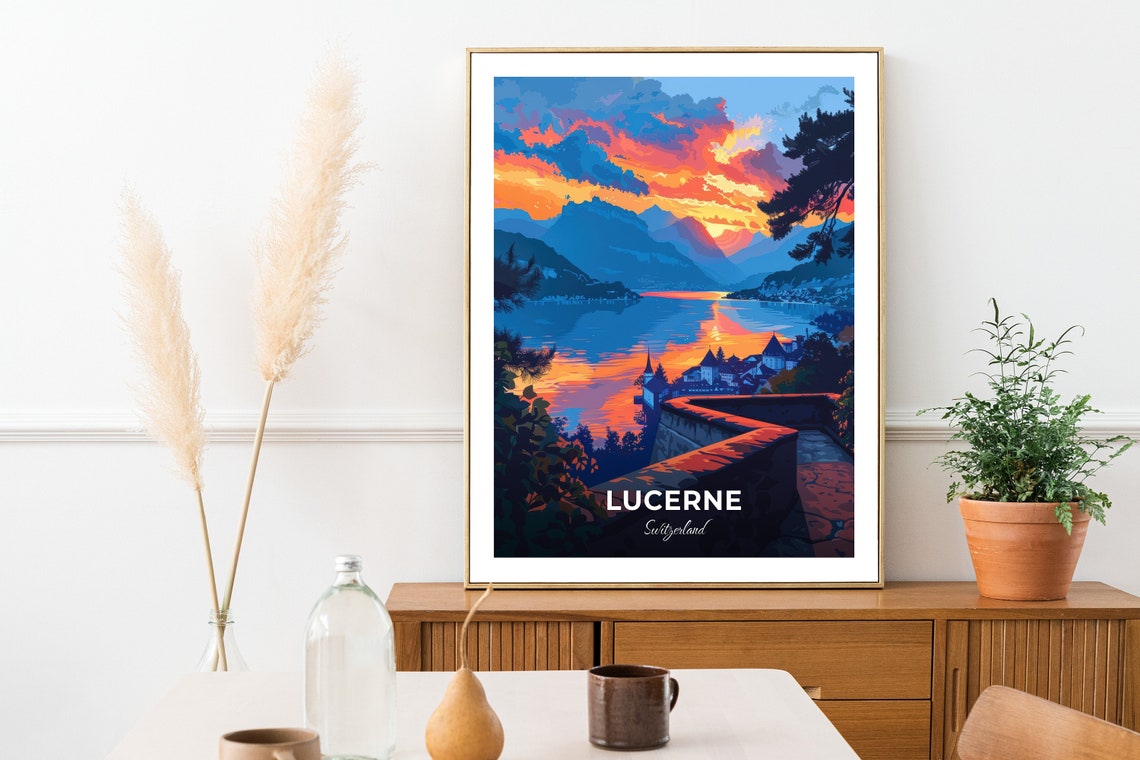 Lucerne Switzerland Musegg Wall Lakeside Sunset Mountain View Poster - Image 2