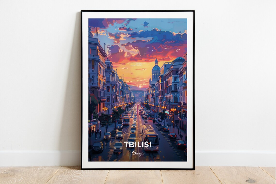 Tbilisi Georgia Rustaveli Avenue Sunset Traffic City Lights Travel Poster