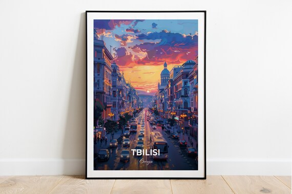 Tbilisi Georgia Rustaveli Avenue Sunset Traffic City Lights Travel Poster