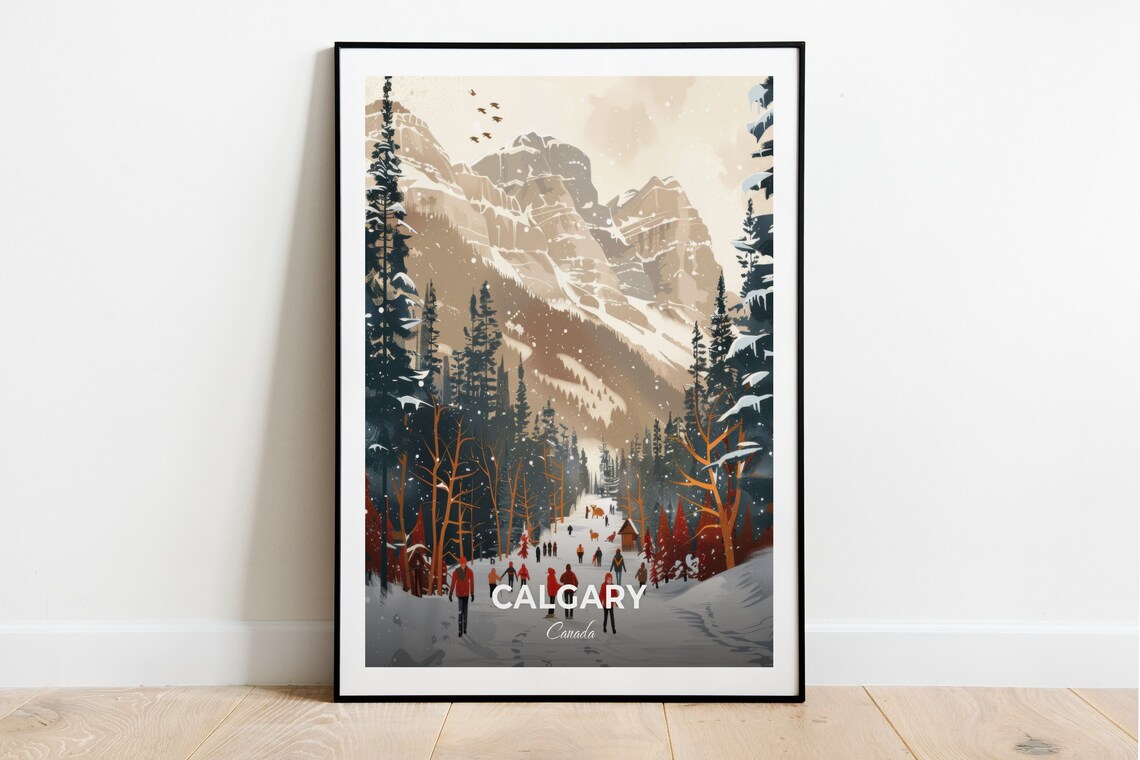 Calgary Canada Snowy Mountain Valley Hikers Winter Travel Poster