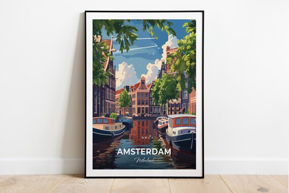 Amsterdam Netherlands Canal Houseboats Summer Day Travel Poster