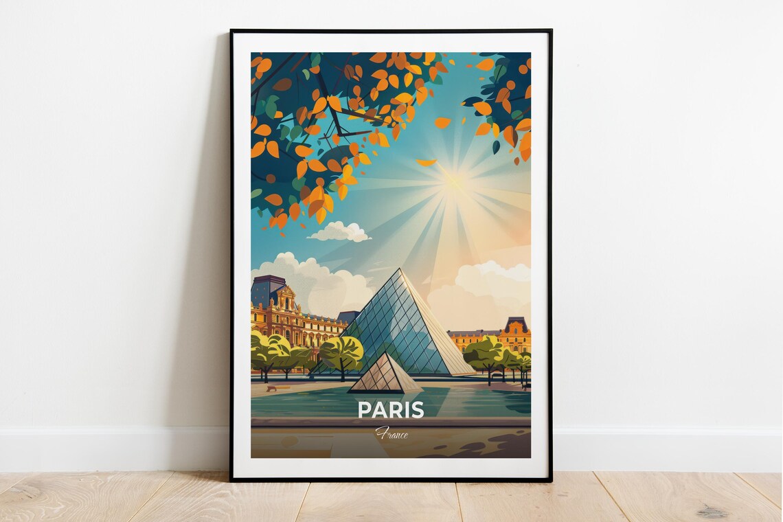 Paris Louvre Pyramid Autumn Sun Vintage French Travel Poster