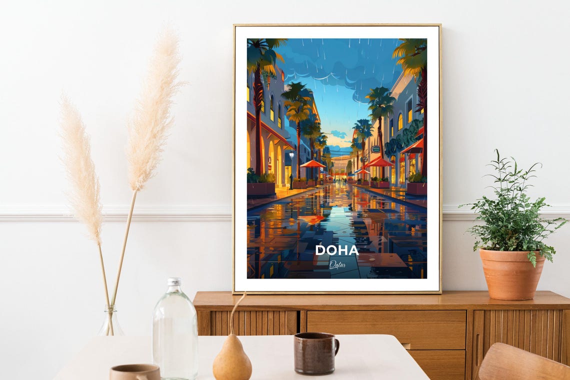 Doha Qatar Rainy Shopping Street Palms Glow Night View Poster - Image 3