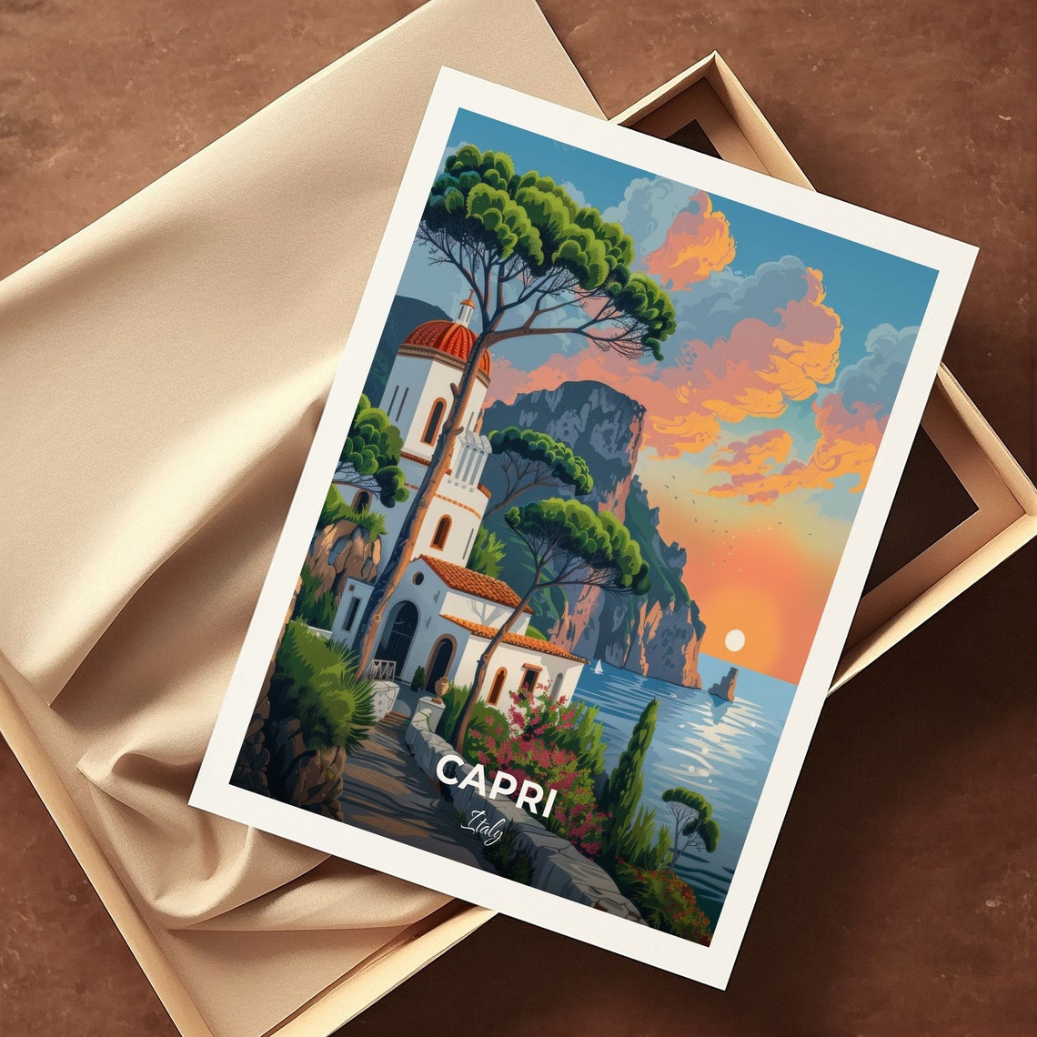 Capri Italy White Monastery Church Sunset Sea Cliffs View Poster - Image 3