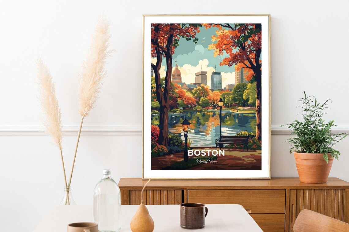 Boston Public Garden Autumn Pond Golden Dome Skyline Travel Poster - Image 2