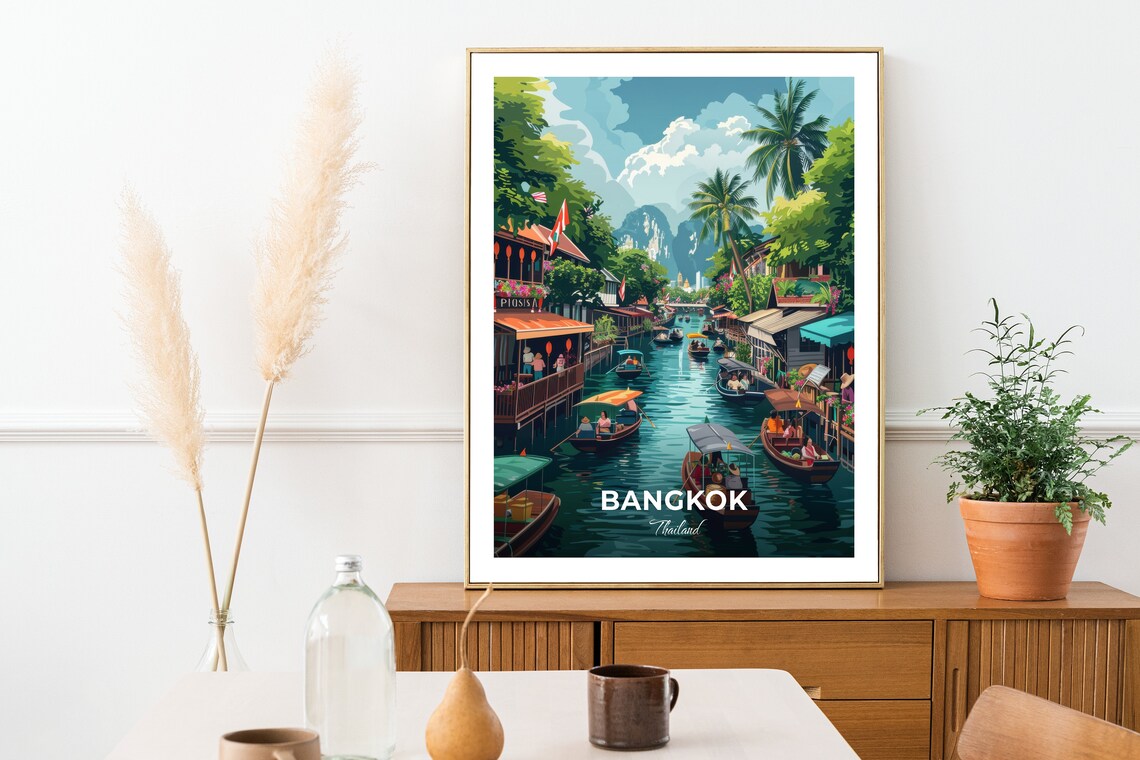 Bangkok Thailand Floating Market Canal Boats Travel Illustration Poster - Image 2