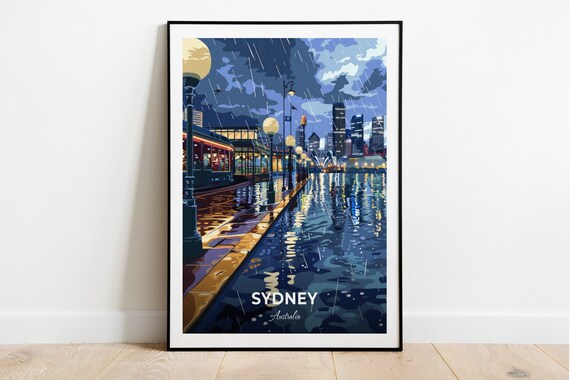 Sydney Darling Harbour Rainy Night City Lights Travel Scene Poster