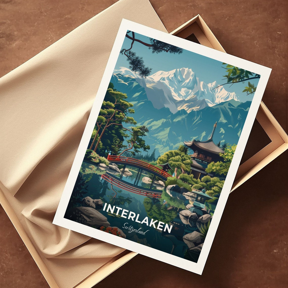 Interlaken Switzerland Japanese Garden Red Bridge Temple Travel Poster - Image 3