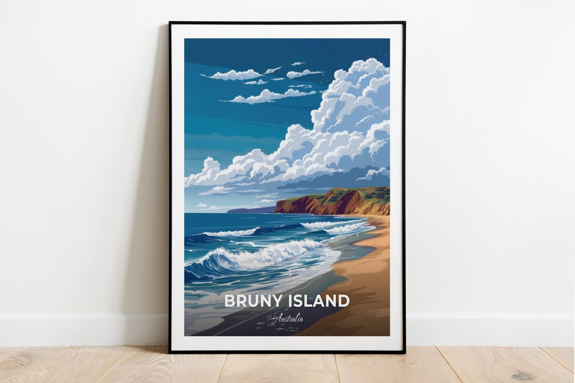 Bruny Island Australia Daytime Surf Beach and Cliffs Travel Poster