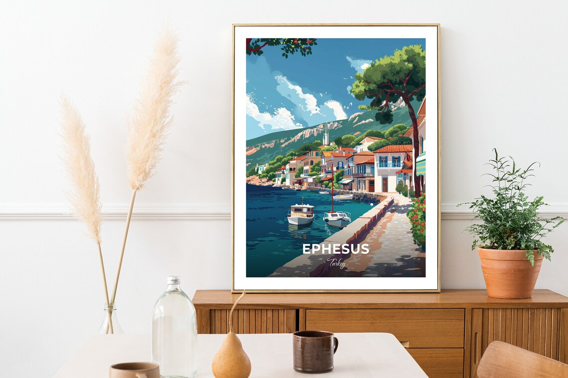 Ephesus Turkey Sunny Coastal Harbor Village Boats Vintage Travel Poster - Image 2