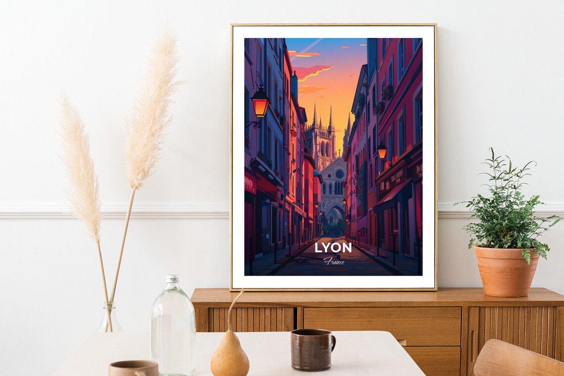 Lyon France Old Town Street Gothic Cathedral Spires Sunset Poster - Image 2