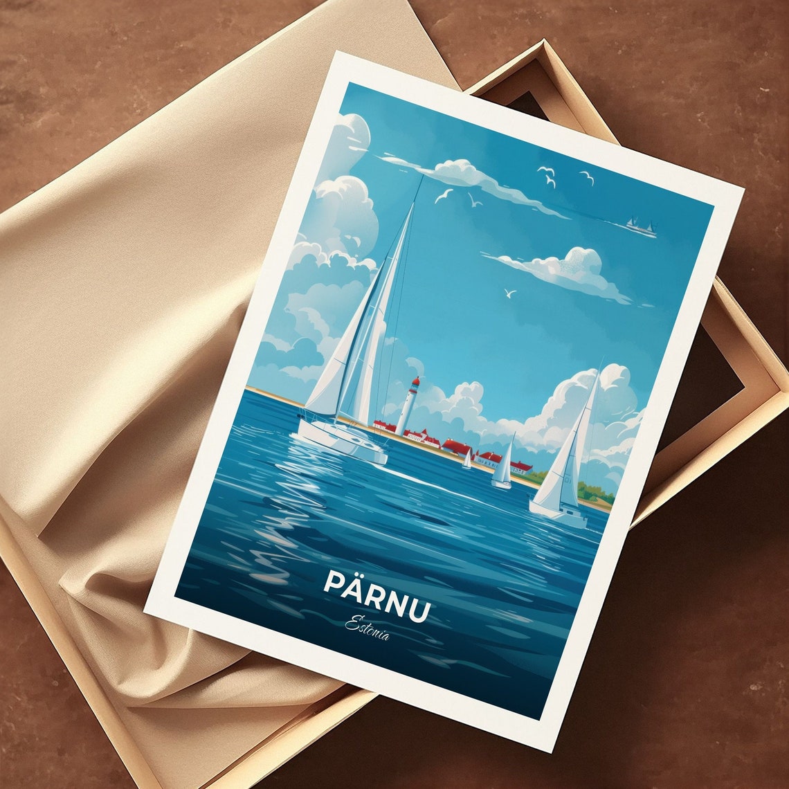 Parnu Estonia Sailboats Lighthouse Sunny Beach Coast Travel Poster - Image 3