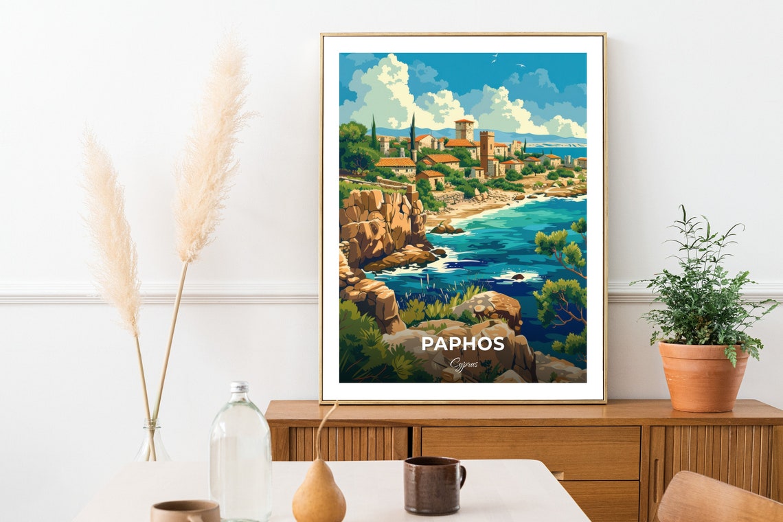 Paphos Cyprus Rocky Coast Bay Old Town Cliffs Travel Art Poster - Image 2