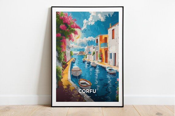 Corfu Greece Canal d'Amour Colourful Canal Boats Scene Travel Poster