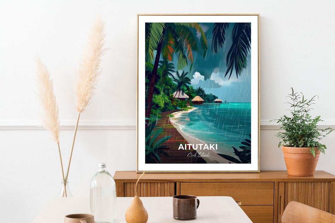 Aitutaki Cook Islands Tropical Rain Over Lagoon and Palm Huts Poster - Image 3