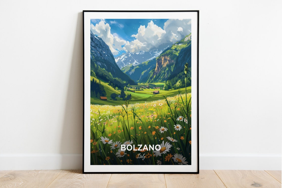 Bolzano Italy Alpine Meadow Wildflowers Peak View Travel Poster