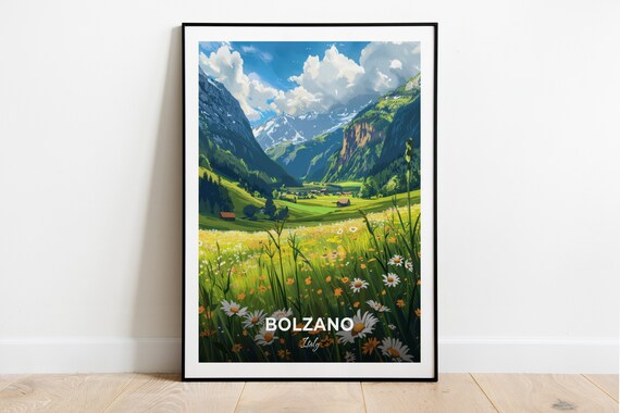 Bolzano Italy Alpine Meadow Wildflowers Peak View Travel Poster