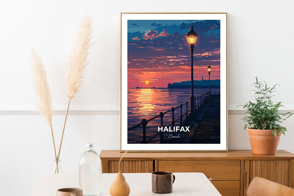 Halifax Canada Harbor Sunset Boardwalk Lamps Evening Travel Poster - Image 2