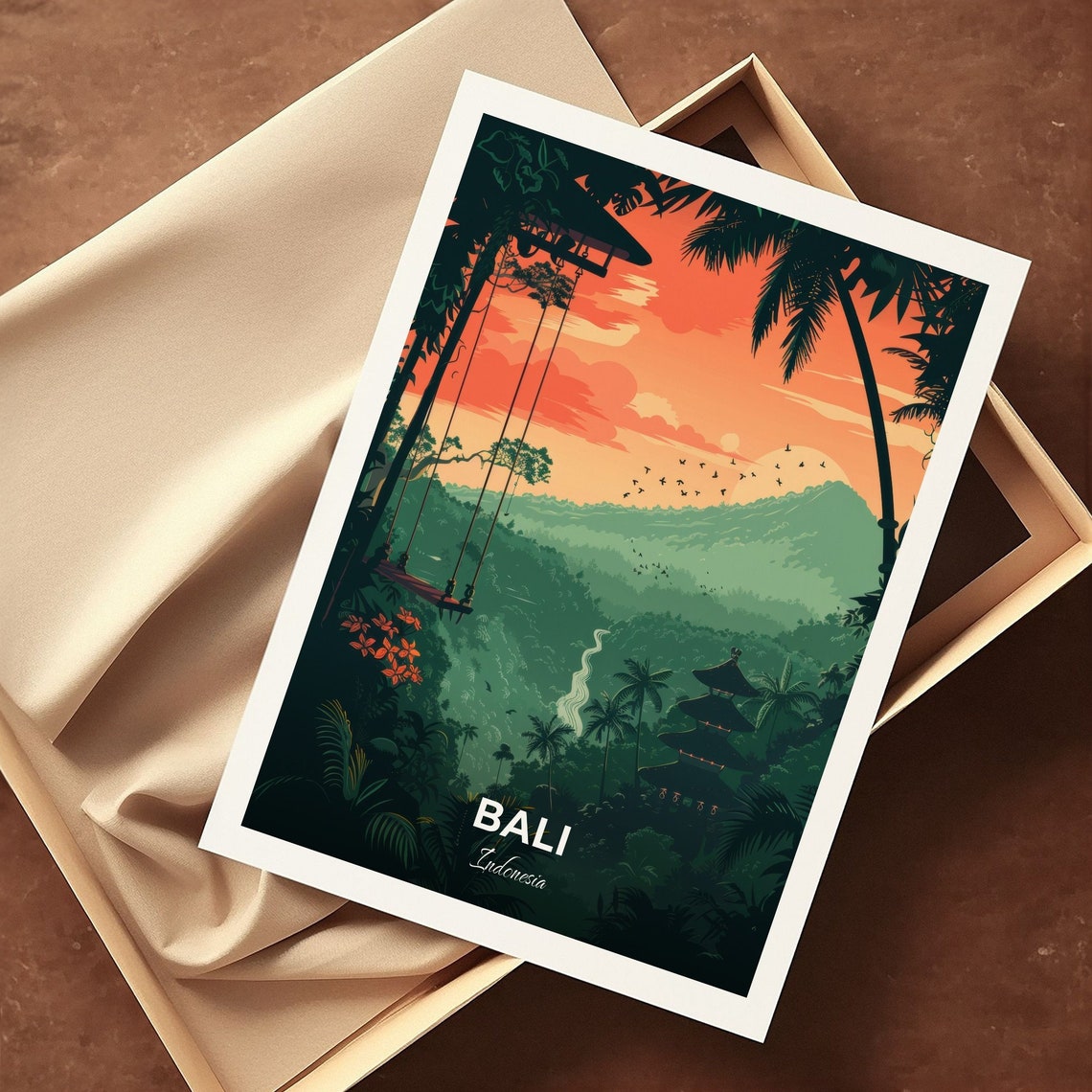 Bali Swing Jungle Sunset Over Valley Palm Temple Travel Poster - Image 3